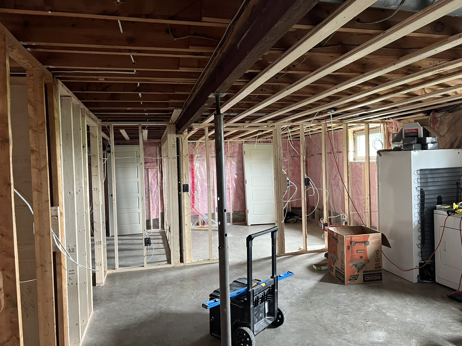 Basement bedrooms and hallway framed